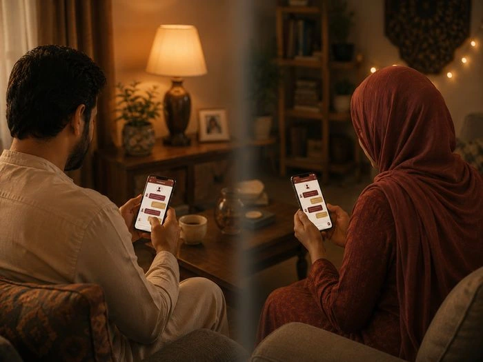 A man and woman on their phones during Humraah's 5-day supervised Islamic family chat