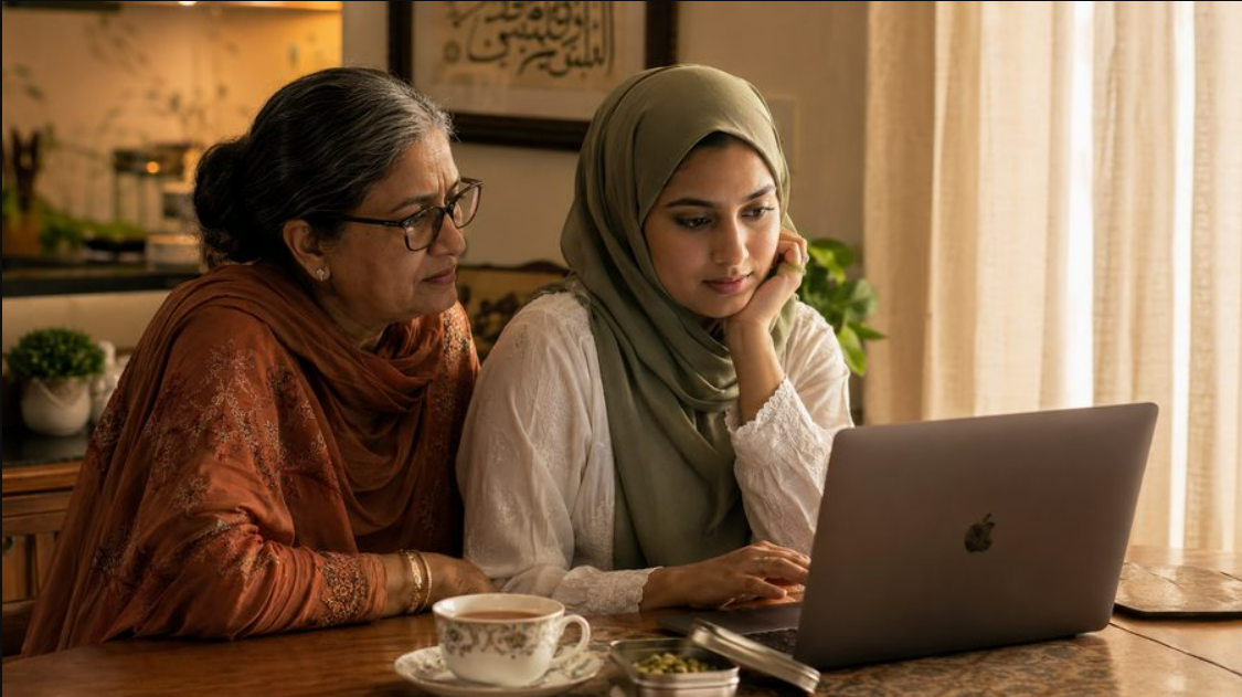 Mother and daughter registering together on a laptop for Humraah's Muslim matrimonial platform