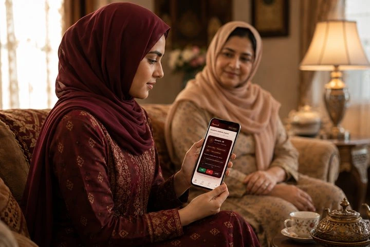 A Muslim family reviewing a halal rishta introduction together on a phone