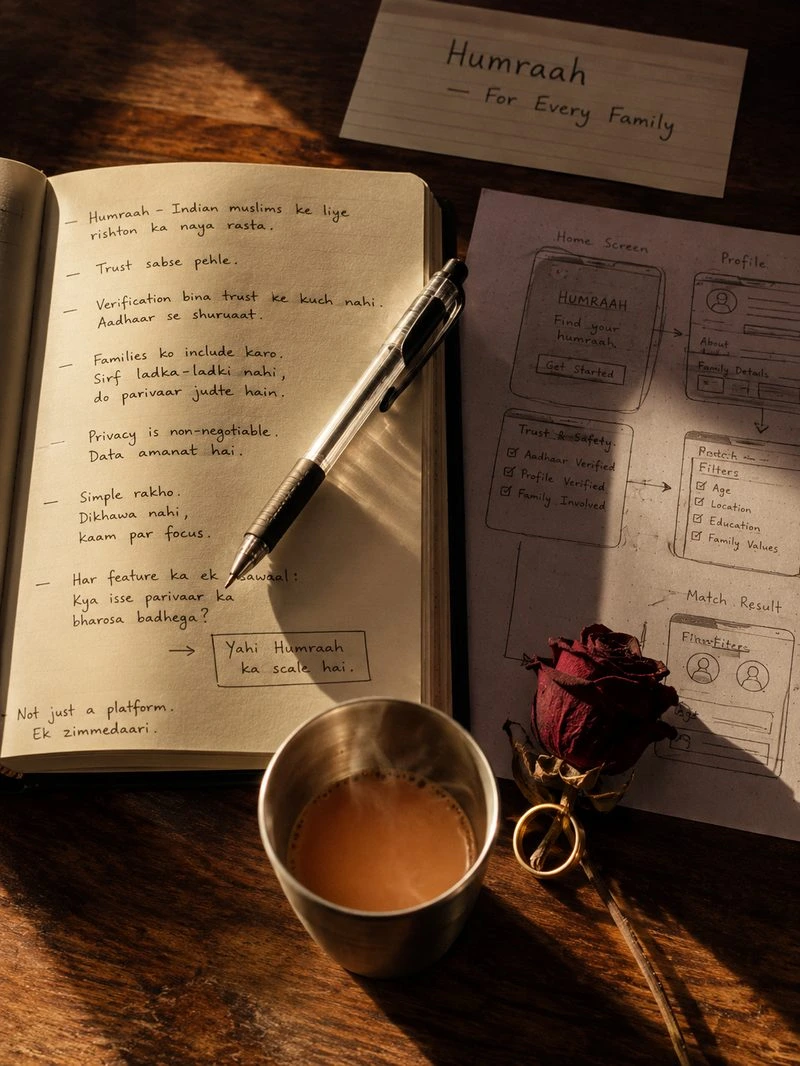 Humraah product notebook and design sketches — built for Muslim families in India