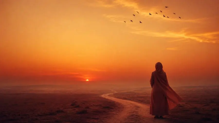 A person walking a quiet path alone at sunset, birds overhead