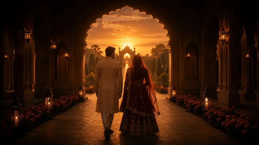 A bride and groom walking together toward a golden sunset archway