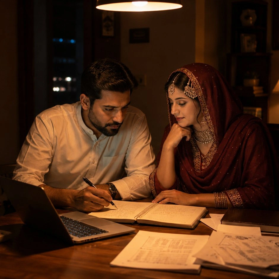 Ayyaz and Nisha working together at night on the Humraah notebook
