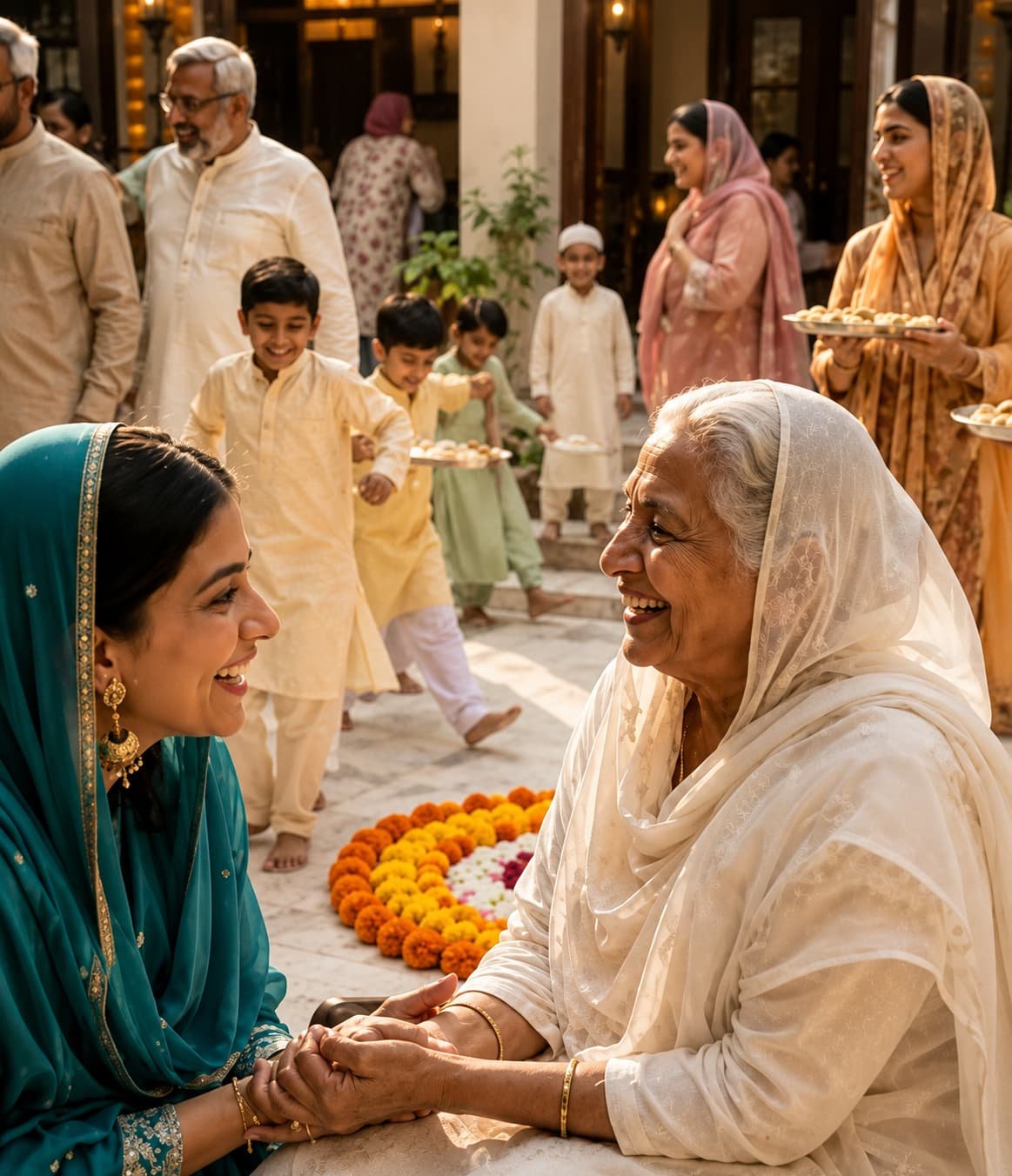 An Indian Muslim family greeting elders together, warm and joyful